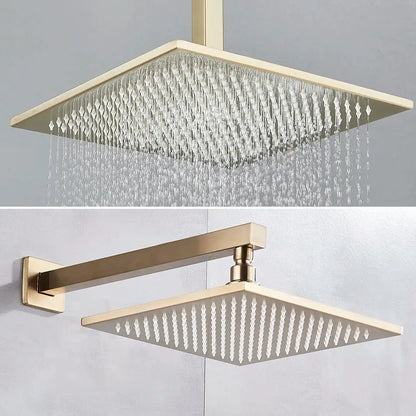Modern gold-toned square rain shower faucet mixer set with multiple water jets and minimalist design for bathroom use