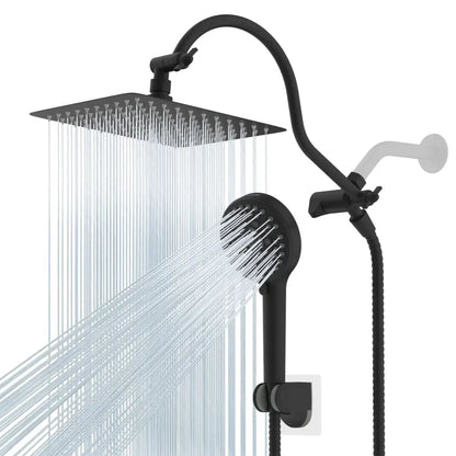Black matte-finish modern shower head system with square rainhead and handheld spray head for bathroom use