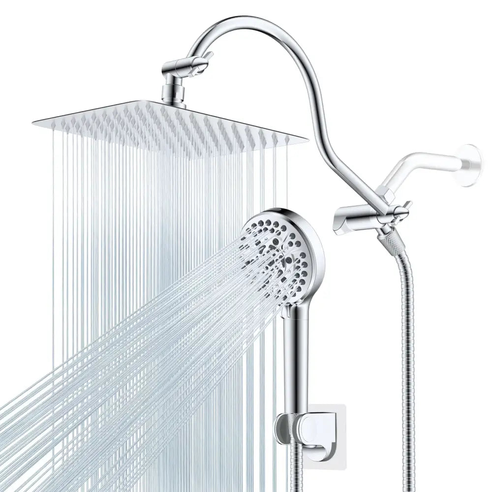 Modern gold square rainfall shower head combo system with shiny chrome finish, square rainhead, and handheld nozzle