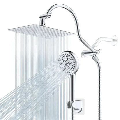 Modern gold square rainfall shower head combo system with shiny chrome finish, square rainhead, and handheld nozzle