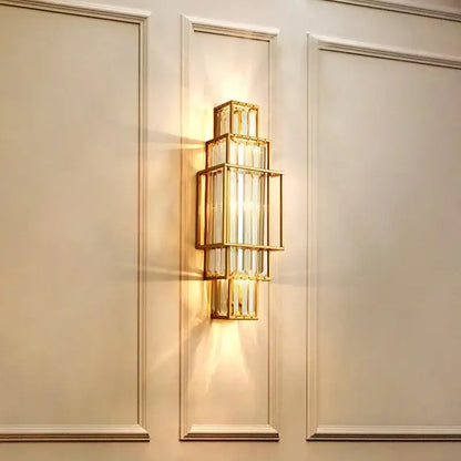 Modern gold wall lamp with stacked rectangular glass crystal panels for luxury bedroom lighting