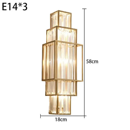 Modern gold wall lamp with stacked rectangular glass crystal panels in a tiered design for luxury bedroom lighting