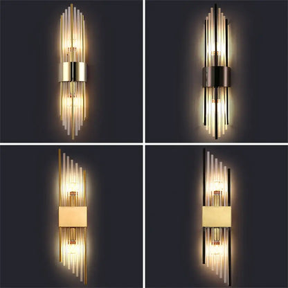 Modern gold stainless steel wall lamp with clear crystal vertical glass rods and metallic accents for bedroom sconce