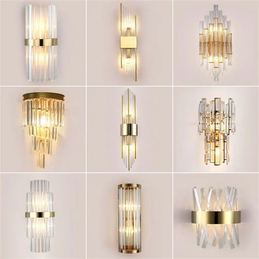Modern gold stainless steel wall lamp with clear crystal rods and elegant design for bedroom sconce lighting
