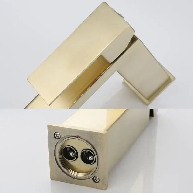 Modern gold stainless steel basin faucet with dual spout outlets featuring a minimalist decorbites gold stainless design