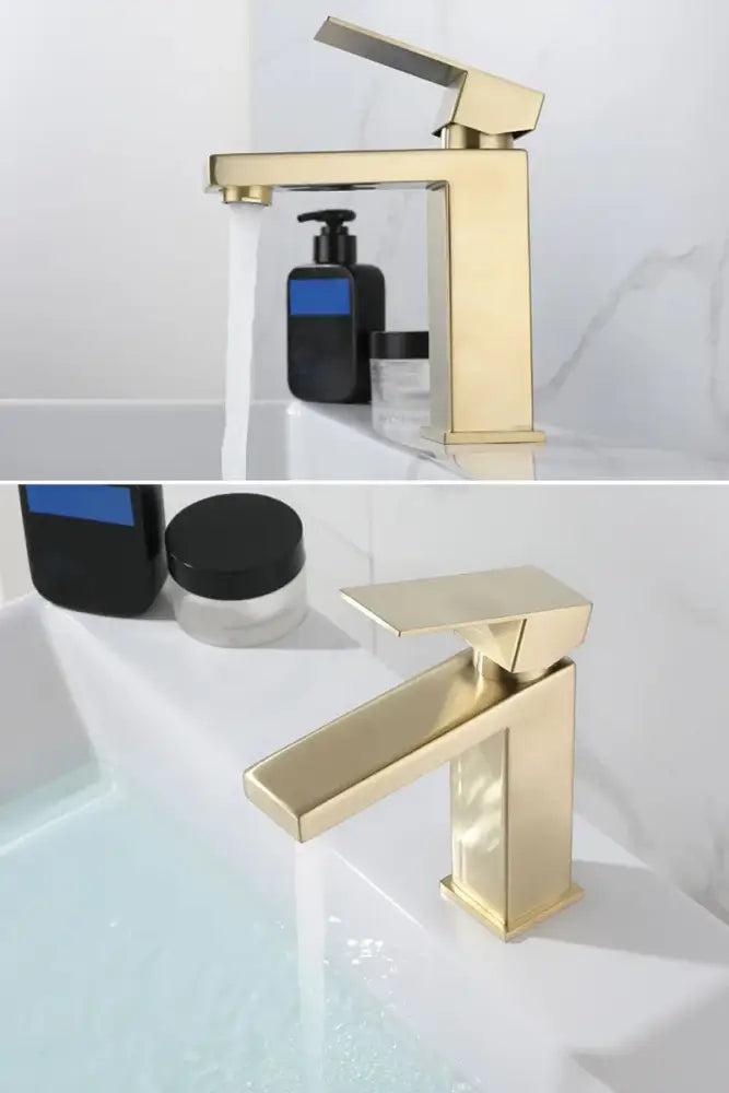 Modern gold stainless steel basin faucet with sleek angular design and brushed metal finish for bathroom decorbites gold stainless