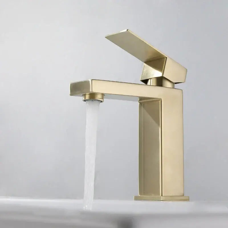 Modern gold stainless steel basin faucet with sleek angular design and rectangular spout for bathroom decorbites gold stainless