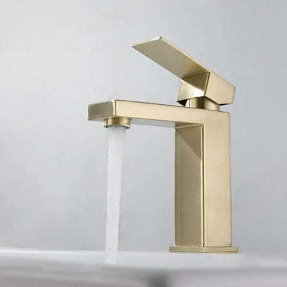 Modern gold stainless steel basin faucet with sleek angular design and rectangular spout for bathroom decorbites gold stainless