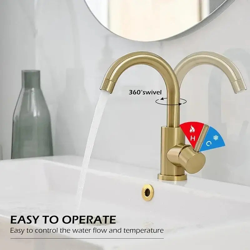 Modern gold stainless steel basin faucet with dual handles 360-degree swivel and hot cold temperature control decorbites gold stainless