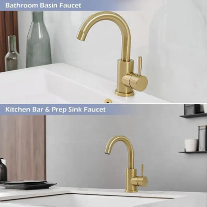 Modern gold stainless steel basin faucet with single handle and sleek curved spout by decorbites gold stainless