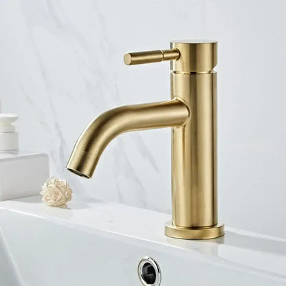 Modern gold stainless steel basin faucet with brushed gold finish and minimalist design for bathroom decorbites gold stainless