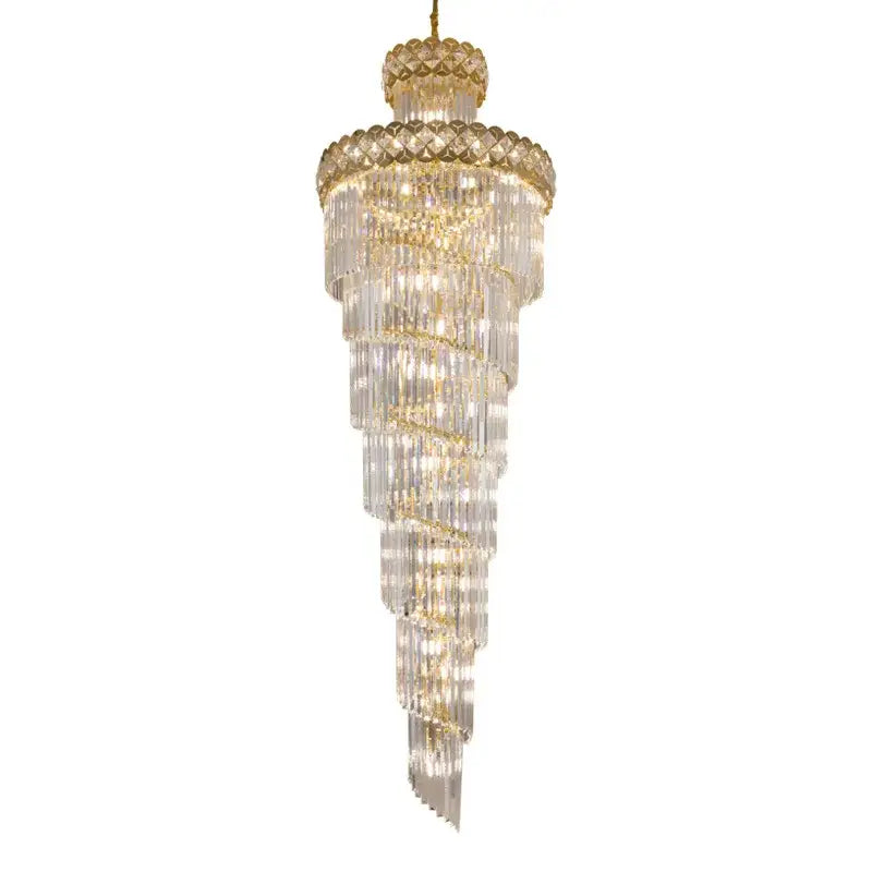Modern gold stainless steel crystal chandelier with cascading clear prisms and gold stainless steel accents for staircase decorbites