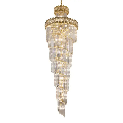 Modern gold stainless steel crystal chandelier with cascading clear prisms and gold stainless steel accents for staircase decorbites