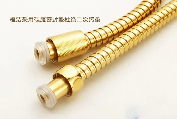 Modern gold stainless steel flexible shower hose with brass fittings and clear silicone seals by decorbites gold stainless