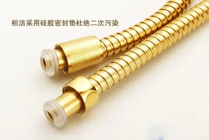 Modern gold stainless steel flexible shower hose with brass fittings and clear silicone seals by decorbites gold stainless