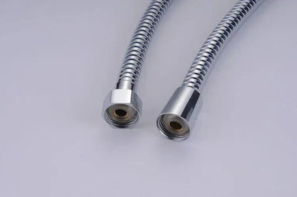 Two chrome finished stainless steel shower hoses with flexible ribbed texture and threaded connectors for decorbites gold stainless replacement