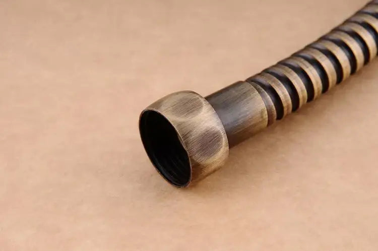 Modern gold stainless steel shower hose with antique brass color, flexible ribbed texture, and threaded connection for bathroom replacement