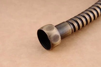 Modern gold stainless steel shower hose with antique brass color, flexible ribbed texture, and threaded connection for bathroom replacement