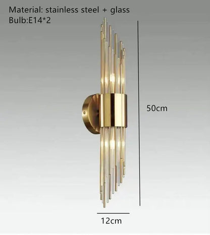 Modern gold stainless steel fluted glass wall sconce with vertical rods and stainless steel accents for bedroom decorbites gold stainless