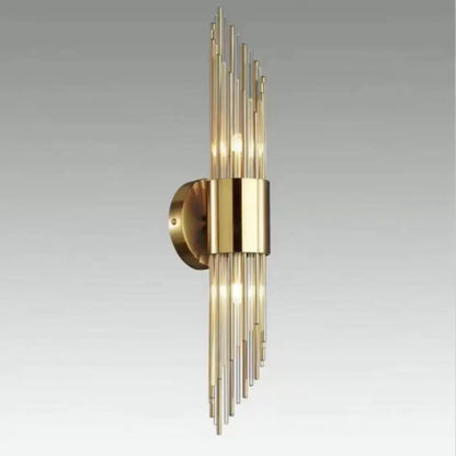 Modern gold stainless steel wall sconce with fluted glass rods and geometric design for bedroom decorbites gold stainless