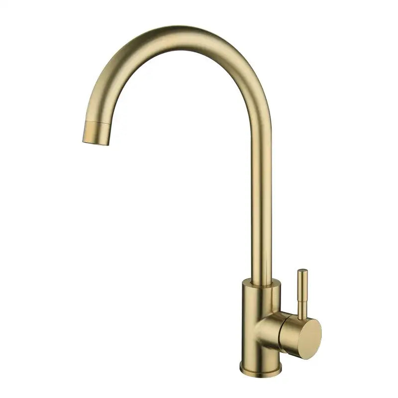 A modern gold stainless steel kitchen faucet with a curved spout in brushed gold stainless finish by decorbites