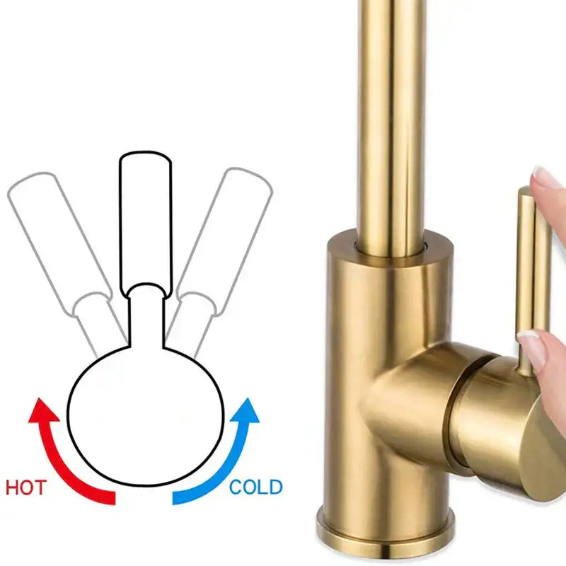 Modern gold stainless steel kitchen faucet with brushed brass finish curved spout and single lever handle by decorbites