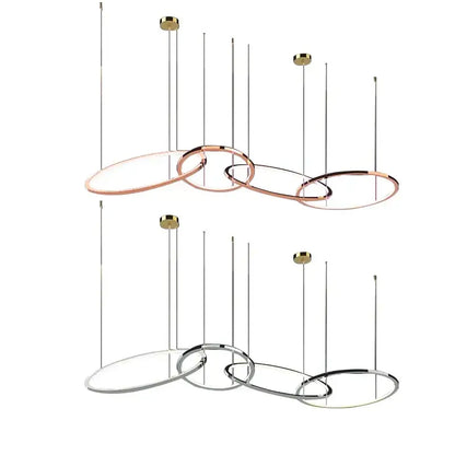 Modern gold stainless steel pendant lamp with overlapping rose gold and chrome rings for kitchen decorbites gold stainless