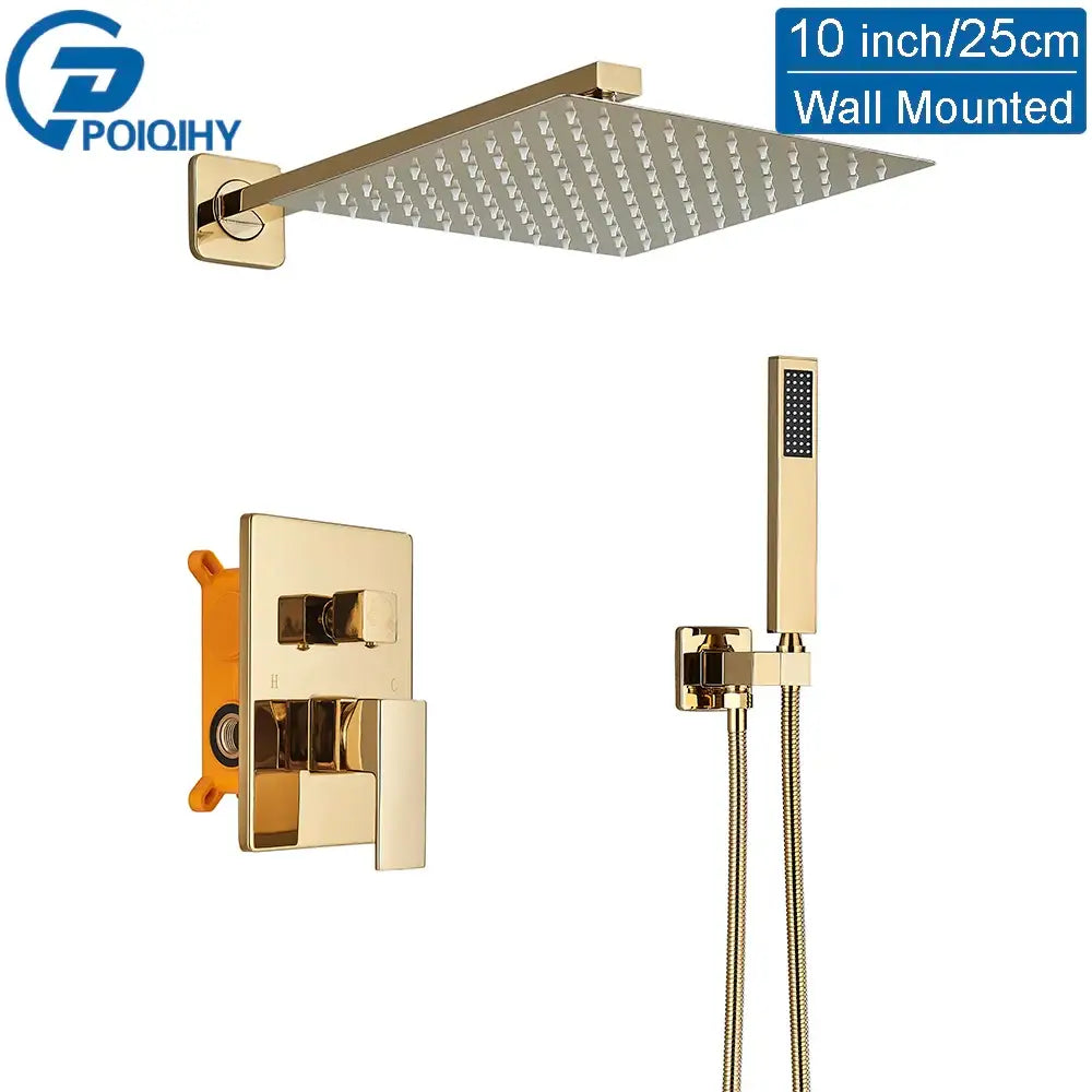 Modern gold stainless steel shower head set with 10-inch rain shower head wall valve and handheld showerhead