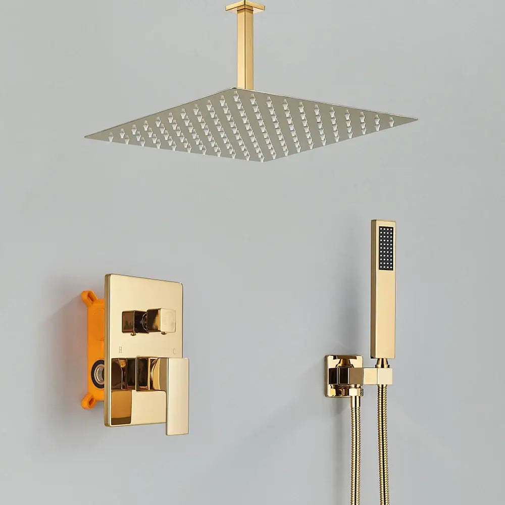 Modern gold stainless steel shower head set with square rainfall head and matching handheld attachment for bathroom use