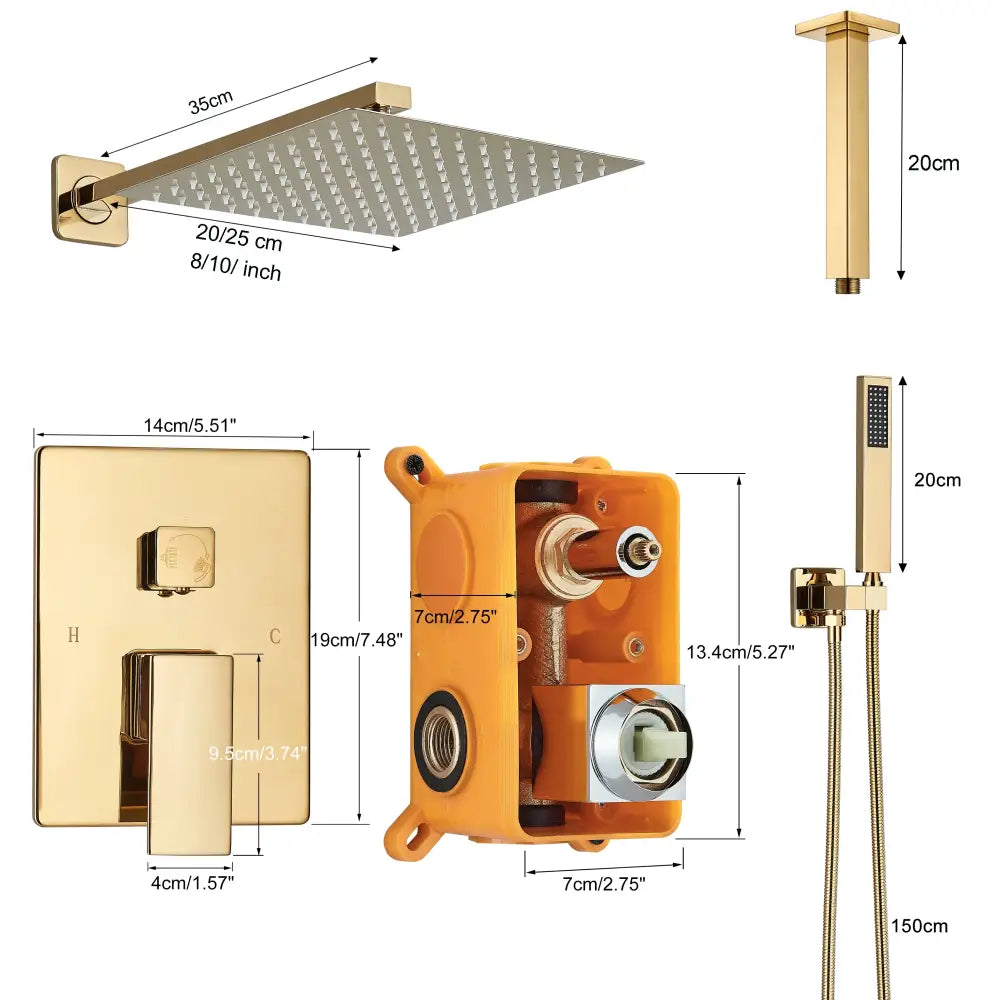 Modern gold stainless steel shower head control panel with square design and integrated handle for bathroom faucet set