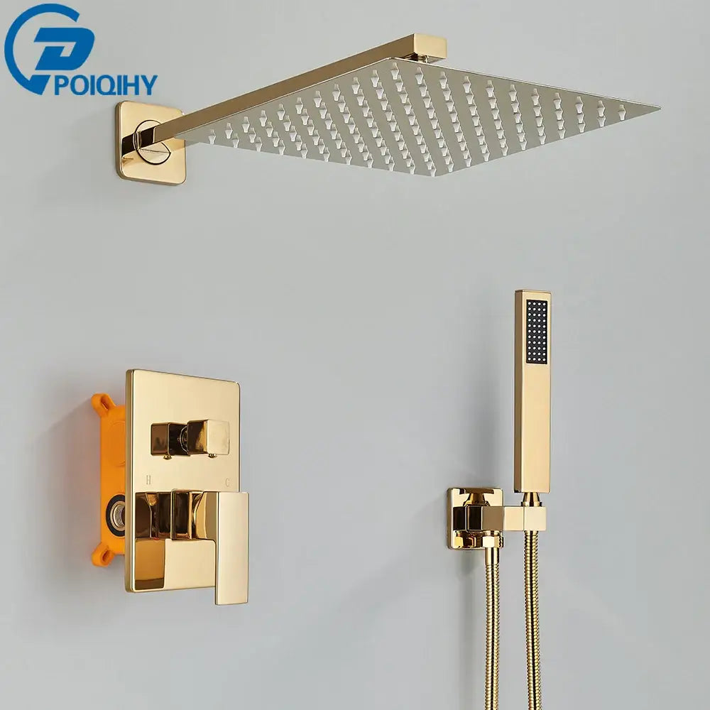 Modern gold stainless steel rectangular shower head with multiple nozzles for rainfall bathroom faucet set
