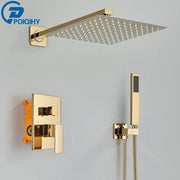 Modern gold stainless steel rectangular shower head with multiple nozzles for rainfall bathroom faucet set