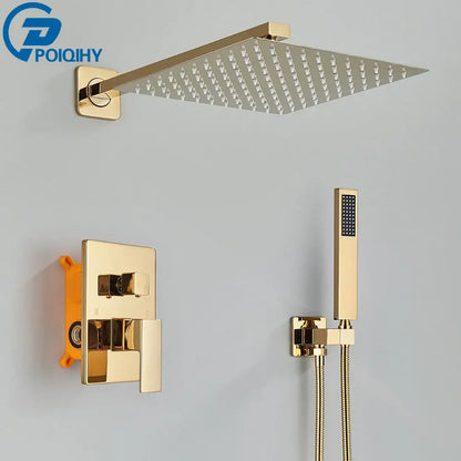 Modern gold stainless steel rectangular shower head with multiple nozzles for rainfall bathroom faucet set