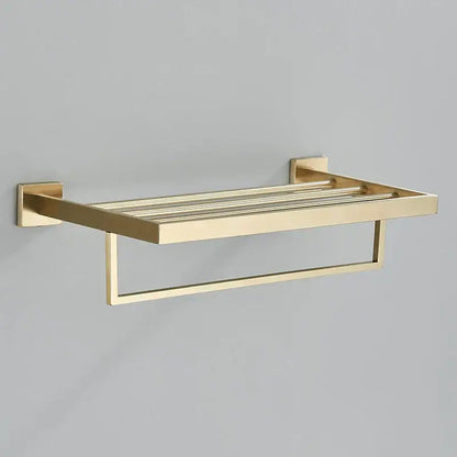 Modern gold stainless steel wall mount towel rack with sleek parallel bars and square mounts for bathroom use