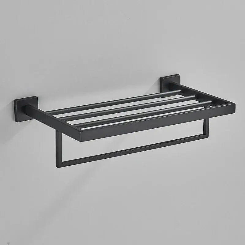 Black matte stainless steel wall mount towel rack with modern minimalist design for bathroom storage and organization