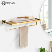 Modern gold stainless steel wall mount towel rack with integrated bathroom shelf and sleek metal design