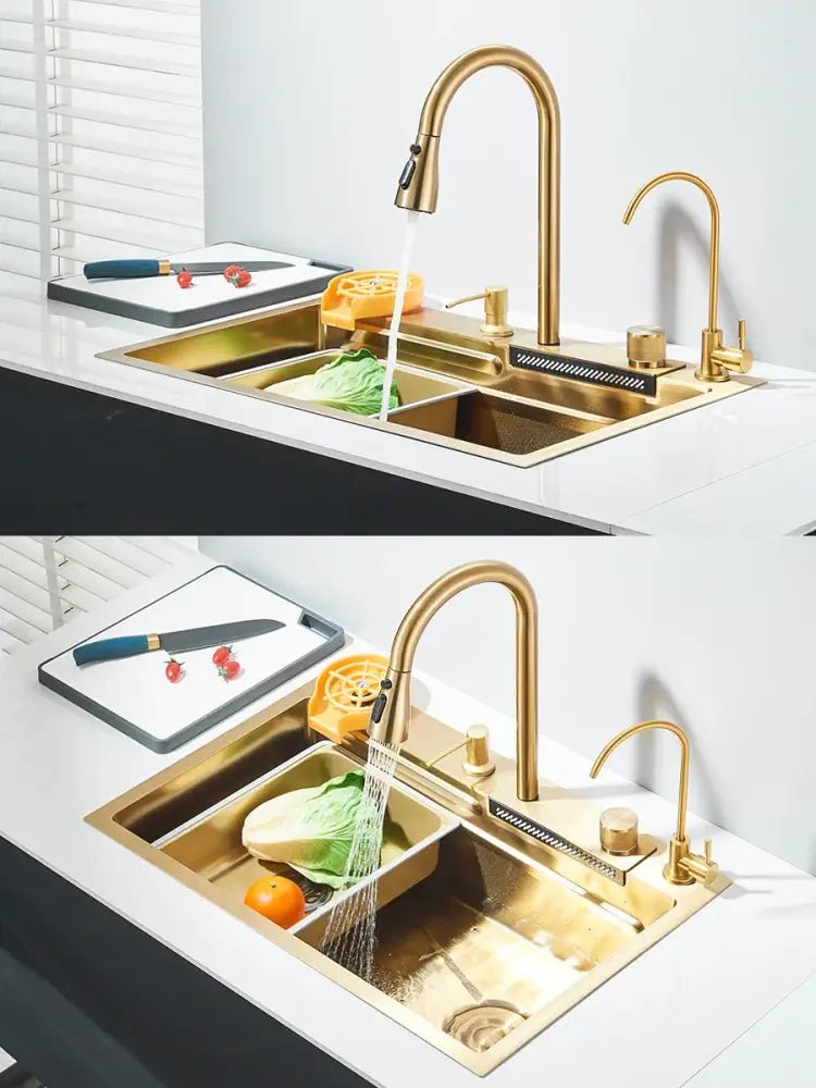 Modern gold stainless steel waterfall sink kitchen integrated set - Decorbites
