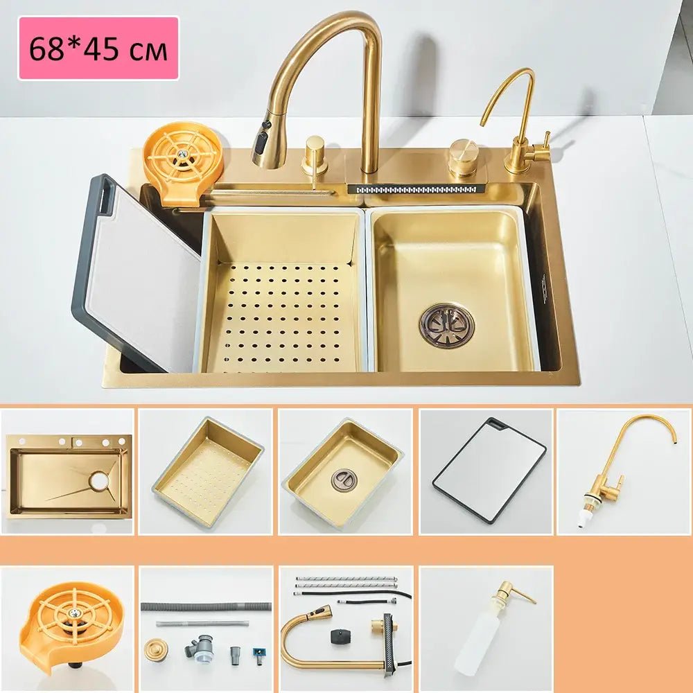 Modern gold stainless steel waterfall sink kitchen integrated set - Decorbites