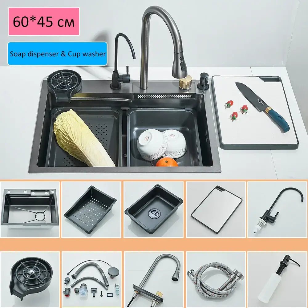 Modern gold stainless steel waterfall sink kitchen integrated set - Decorbites