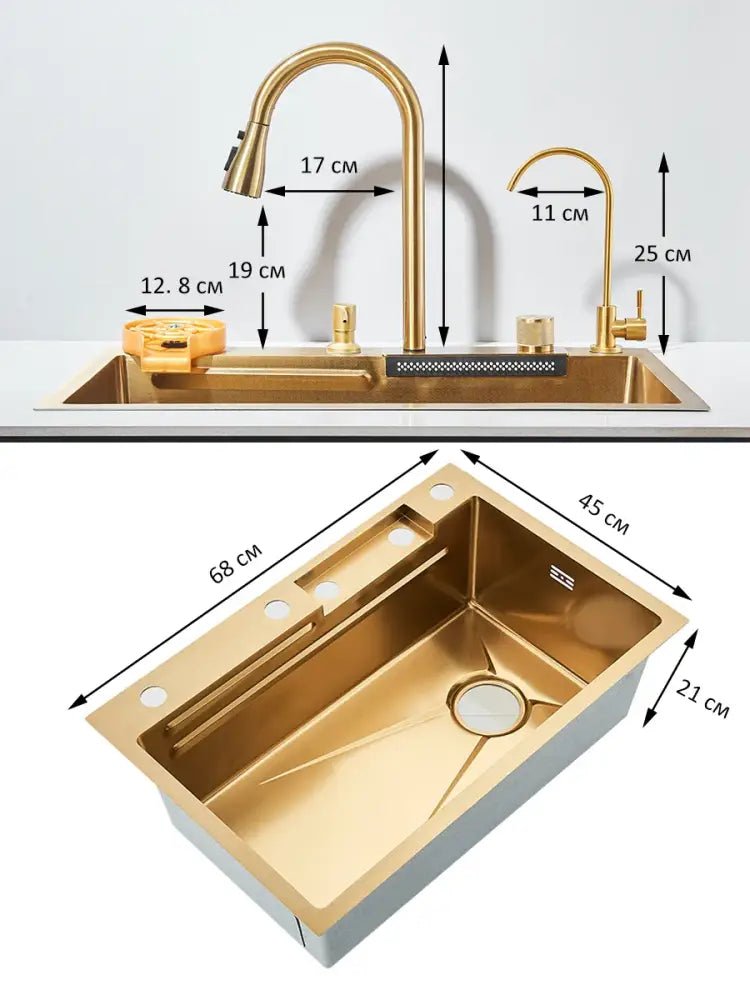 Modern gold stainless steel waterfall sink kitchen integrated set - Decorbites