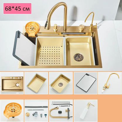 Modern gold stainless steel waterfall sink kitchen integrated set with double-basin, gooseneck faucet, and cutting board