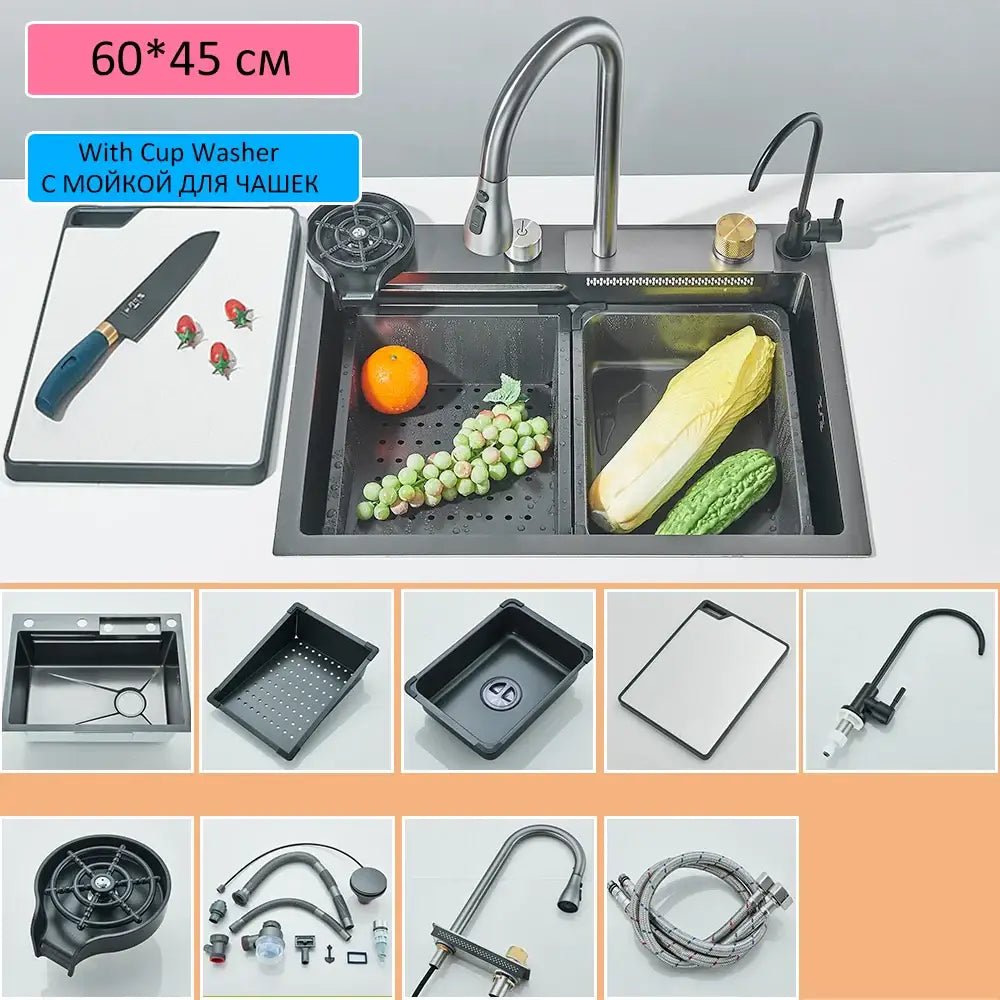 Modern gold stainless steel waterfall sink kitchen integrated set - Decorbites
