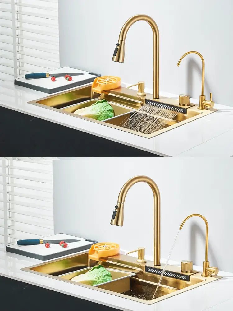 Modern gold stainless steel waterfall sink kitchen integrated set - Decorbites