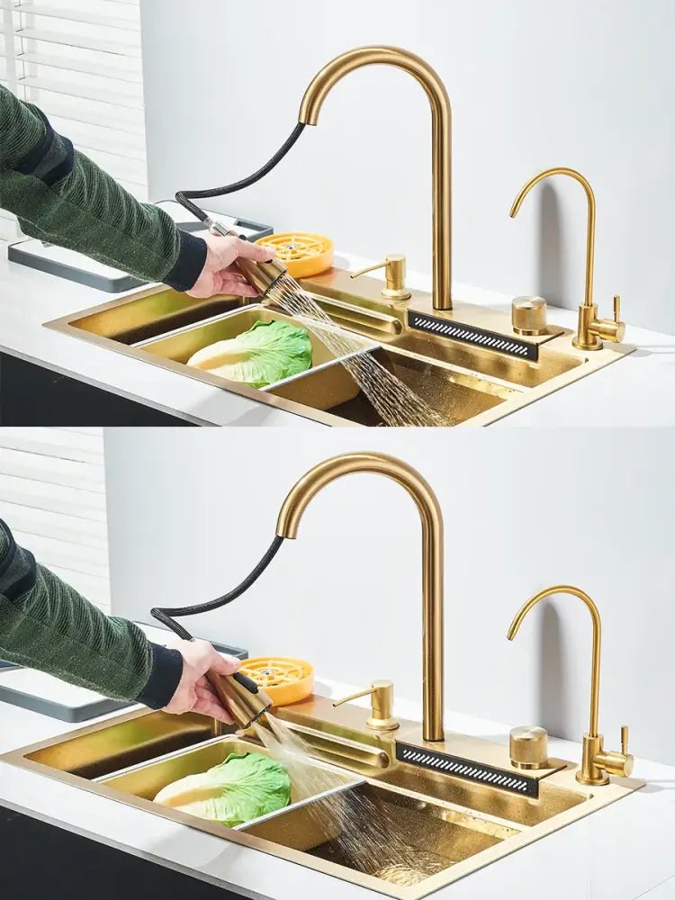 Modern gold stainless steel waterfall sink kitchen integrated set - Decorbites
