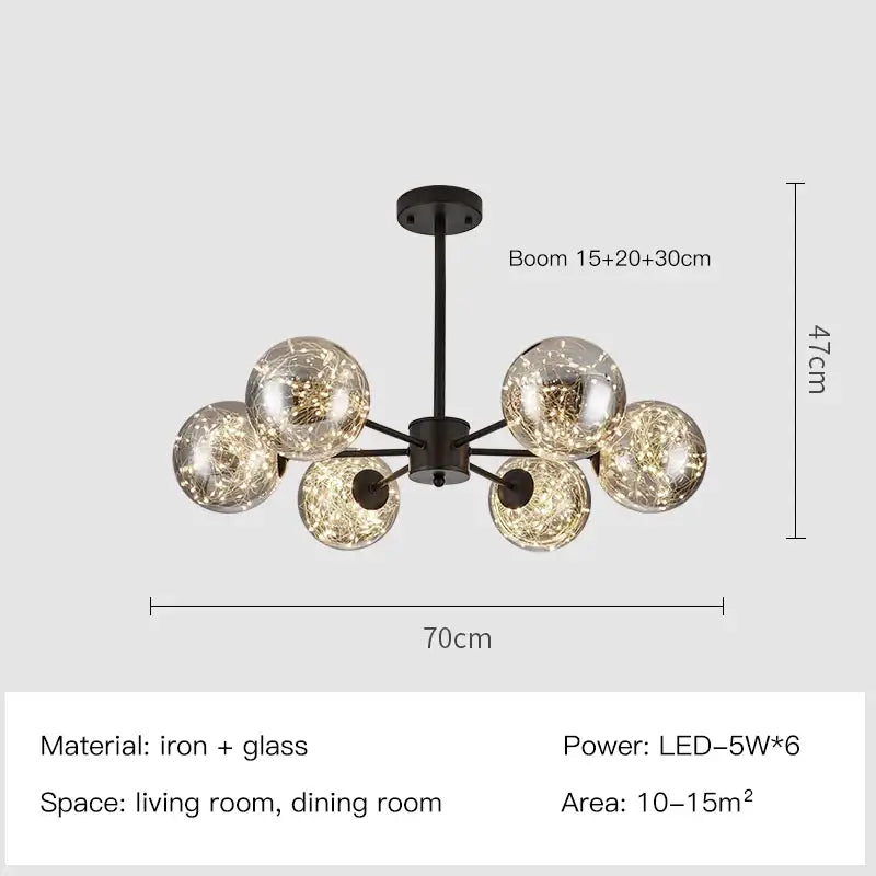 Black iron pendant light with six spherical glass globes and warm led lights decorbites gold star glass chandelier