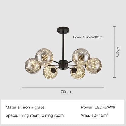 Black iron pendant light with six spherical glass globes and warm led lights decorbites gold star glass chandelier