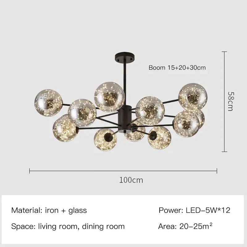 Modern gold star glass pendant light featuring a black iron chandelier with twelve frosted glass spheres decorbites gold star