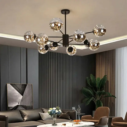Modern black metal pendant light with multiple spherical glass globes reflecting warm light for dining room decorbites gold star glass chandelier