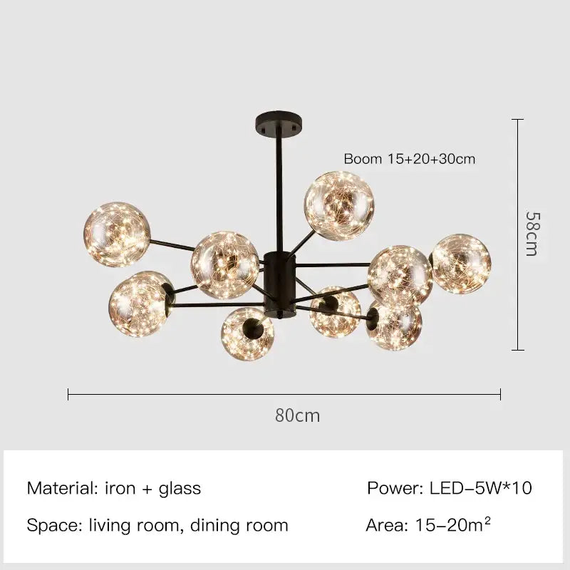 Modern gold star glass pendant light dining room chandelier with black iron frame and ten glowing spherical bulbs