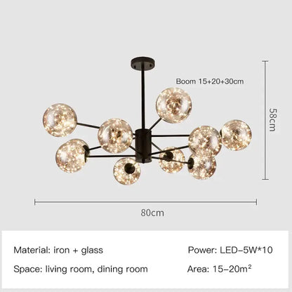 Modern gold star glass pendant light dining room chandelier with black iron frame and ten glowing spherical bulbs
